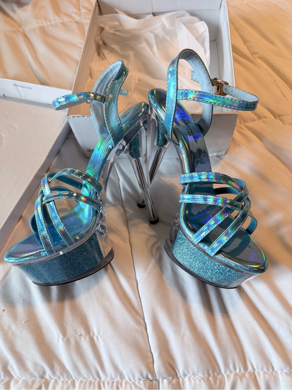 Metallic Iridescent Blue Platform Heels with Ankle Strap